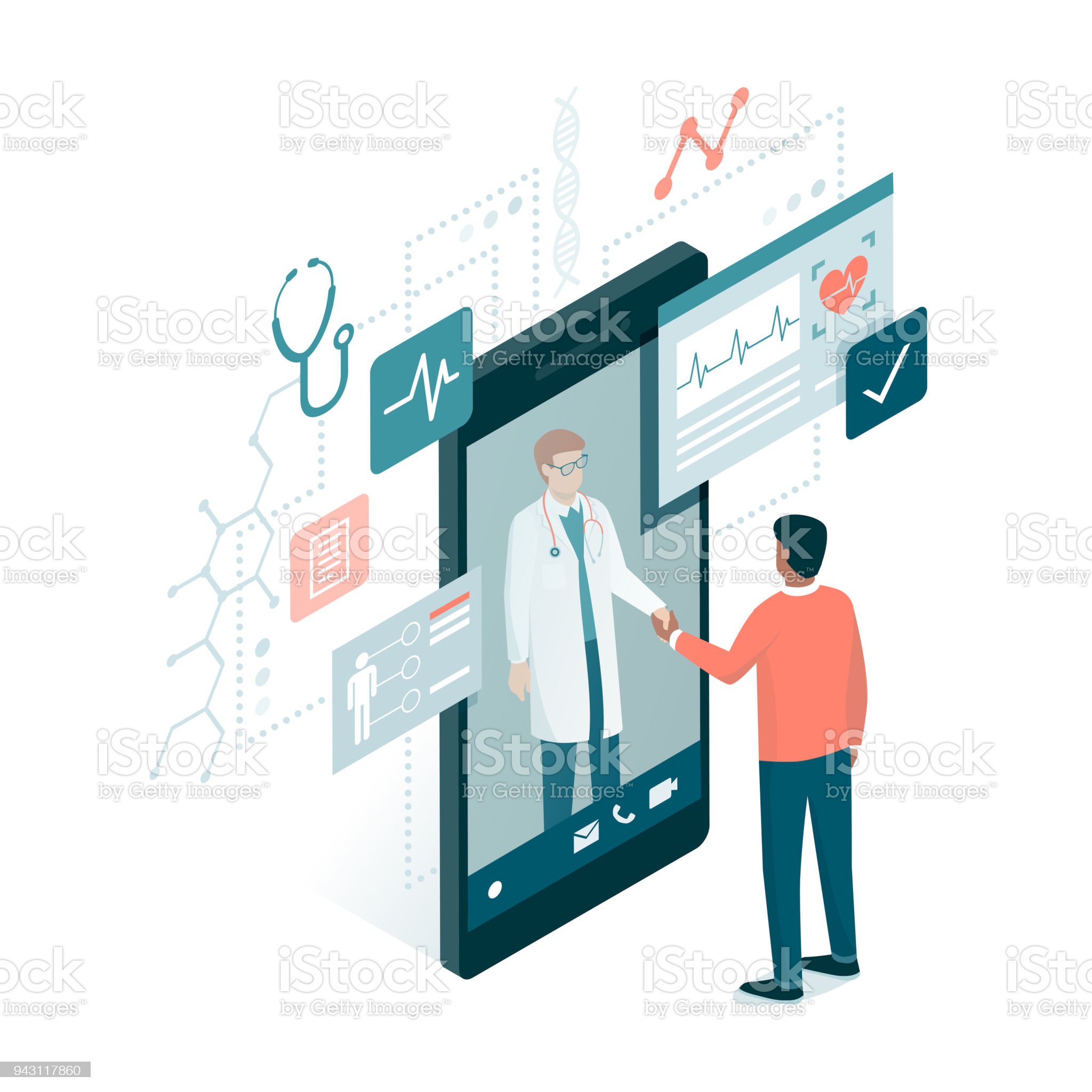 istockphoto-943117860-2048x2048 Patient meeting a professional doctor online on a smartphone and shaking hands, online medical consultation concept