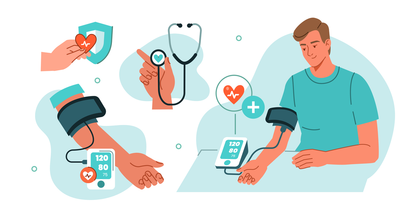 blood pressure Man with hypertension checking heart health with blood pressure monitor at home. Vector illustration.